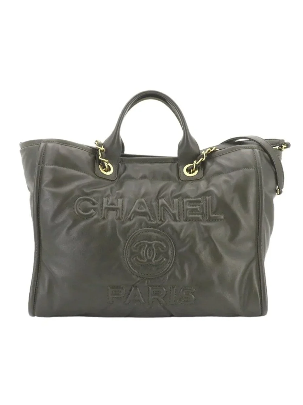 Chanel Deauville GM 2-Way Tote Chain Shoulder Bag Leather Khaki